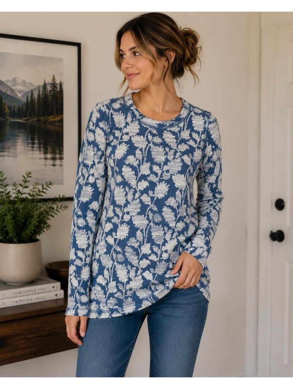 LOFT Wool Blend Sweater Tunic Medium Blue Floral Lightweight Knit Long Sleeve